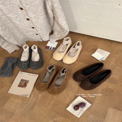 韩系圆头浅口蝴蝶结平底单鞋女鞋子2025秋冬新款气质绒面芭蕾舞鞋