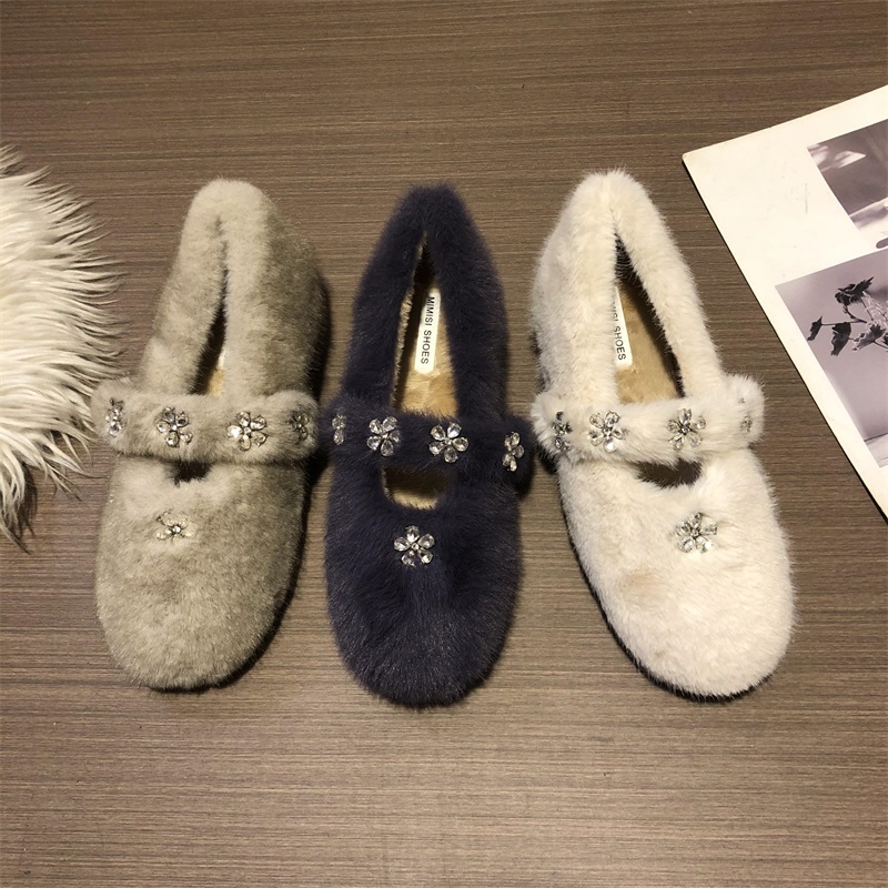 法式小香风玛丽珍鞋女2025秋冬新款加绒内增高水钻毛毛鞋单鞋