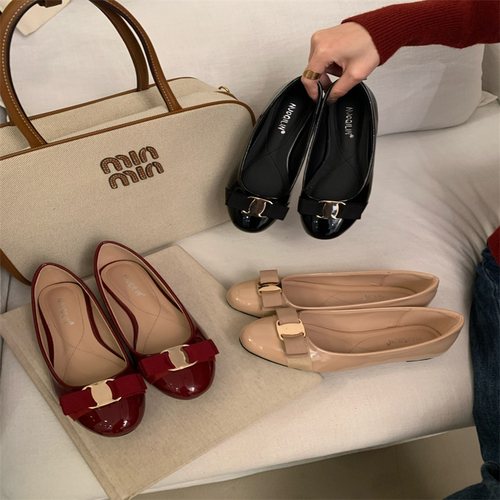 2025新款时尚蝴蝶结单鞋低跟甜美圆头红色浅口单鞋