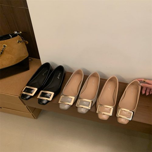 2025年气质金属方扣单鞋百搭方头浅口粉色内增高通勤女鞋小皮鞋