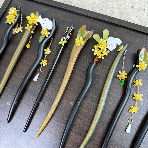 黑檀木发簪古风兔子桂花复古黑檀木簪子可爱气质礼物古典盘发汉服
