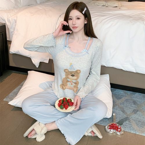 睡衣女春秋棉礼帽熊印花舒适长袖长裤套装胸棉家居服