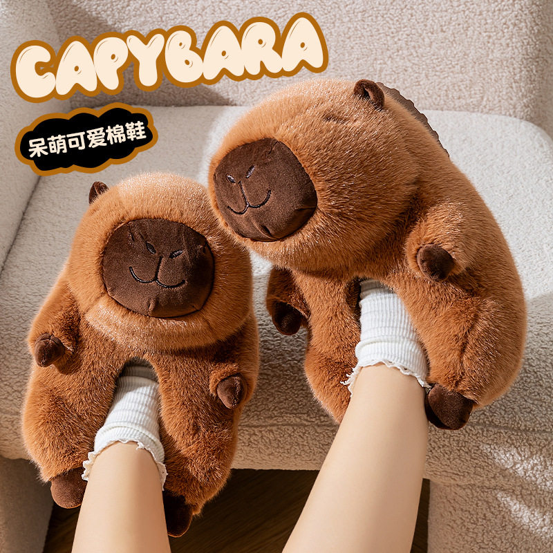 新款卡皮巴拉水豚拖鞋冬款包跟保暖棉鞋家居鞋女冬天毛毛鞋棉拖鞋