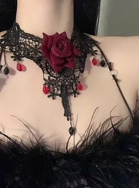 项链颈链脖子复古轻奢蕾丝玫瑰花高端万圣节红色暗黑锁骨链小众