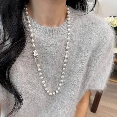 项链葫芦扣珍珠间隔长款时尚气质女贝母毛衣链铜珠串珠网红施家