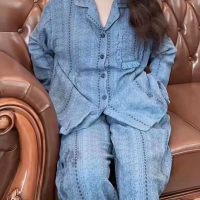 春秋季睡衣女简约休闲蓝色翻领家居服韩版长袖套装可外穿