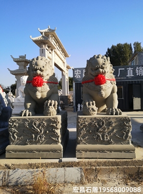大型石雕狮子一对2米高 公司门口九龙壁浮雕石头狮子祠堂寺庙狮子