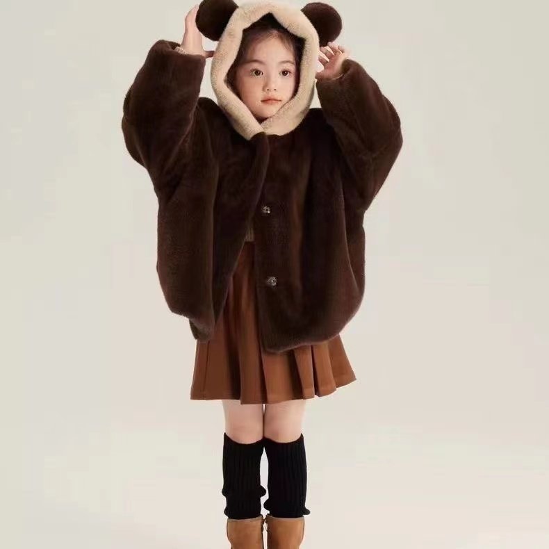 儿童皮草仿貂绒加绒加厚棉衣女童男童小宝宝连帽外套中长款冬季韩