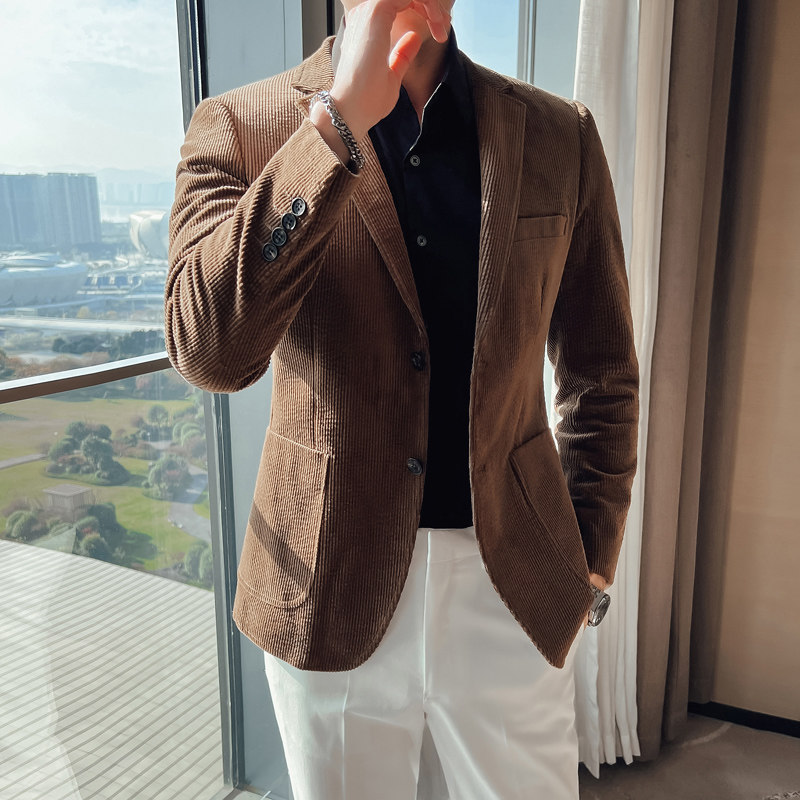 雷蒙灯芯绒西服男春秋厚款西装外套青年高端轻奢风金丝绒单西上衣