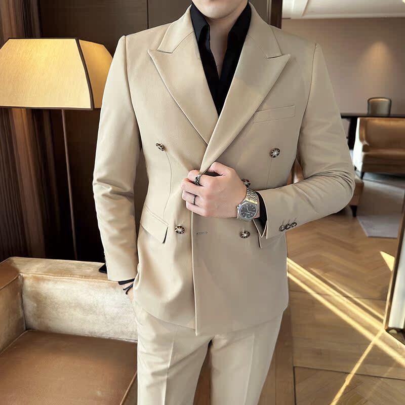 雷蒙商务绅士西服男套装黑色新郎结婚礼服修身双排扣西装两件套潮