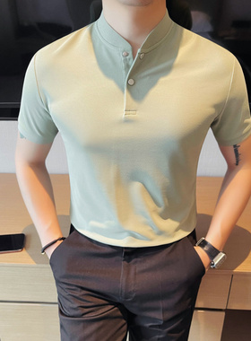 雷蒙新款中式立领短袖PrOLO衫男高级感夏季新款韩版修身T恤半袖