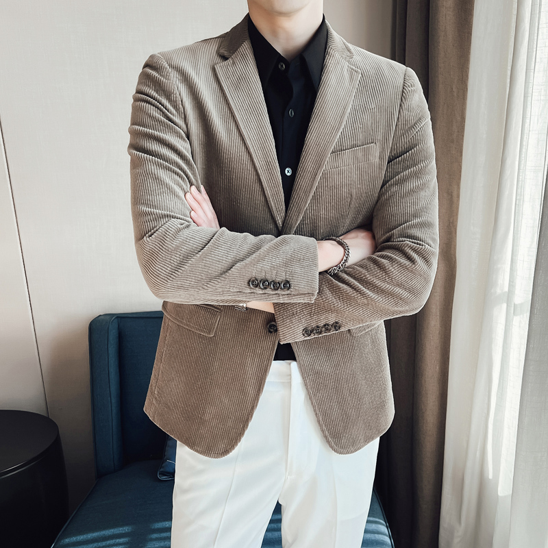雷蒙高端纯棉灯芯绒西服男士厚款商务休闲小西装上衣青年条绒外套