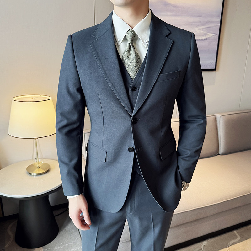 雷蒙西服套装男士羊毛商务职业正装新郎订婚结婚高级灰西装三件套