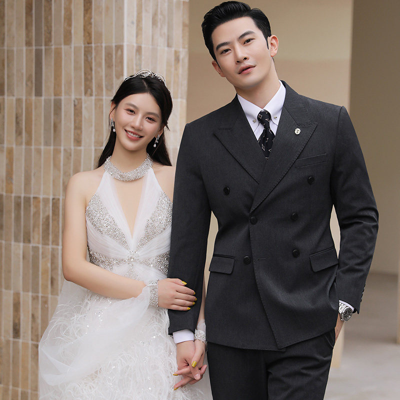 雷蒙羊毛高级感新婚西装婚礼男西服订婚戗驳领双排扣修身三件套装