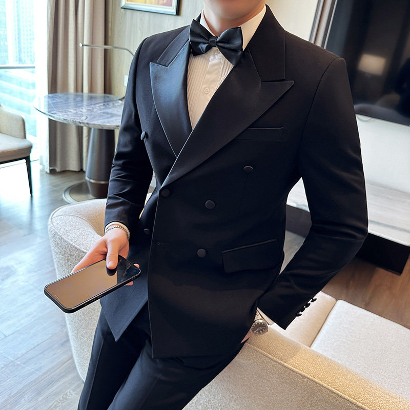 雷蒙男装羊毛塔士多西服新郎结婚天丝双排扣宴会西装礼服三件套装