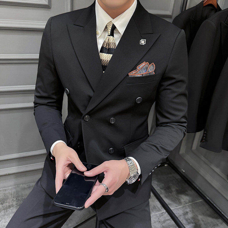 雷蒙轻商务高级感西服男套装黑色新郎结婚礼服修身双排扣西装外套