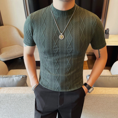 雷蒙痞帅高级感韩版短袖T恤男士夏新款半高领修身半袖打底衫体恤