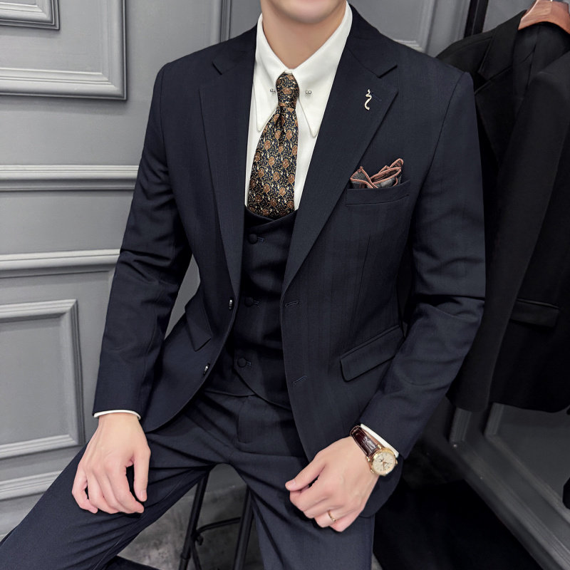 雷蒙轻奢西服套装男士商务西装黑色职业正装男新郎结婚礼服三件套