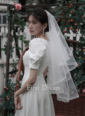 FirstDream2022新娘头饰主婚纱皇冠结婚高级感中长款珍珠白色头纱