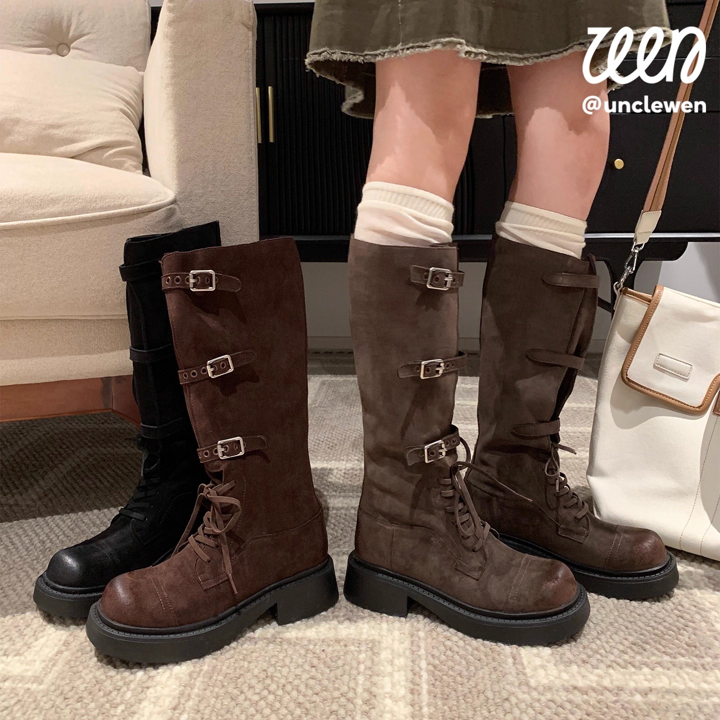 不过膝两穿靴子长靴潮磨砂复古长筒靴女2025秋季新款皮带扣骑士靴