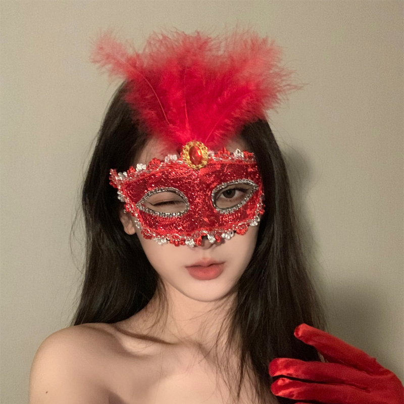 新年红色羽毛舞会面具半脸神秘成人面罩化妆舞池假面派对配饰道具