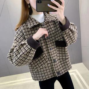 2025春季新款秋冬保暖小香风时尚短款格子外套女宽松休闲毛呢开衫