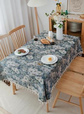 美式桌布蓝色油画提花餐桌布多用盖巾厚实台布