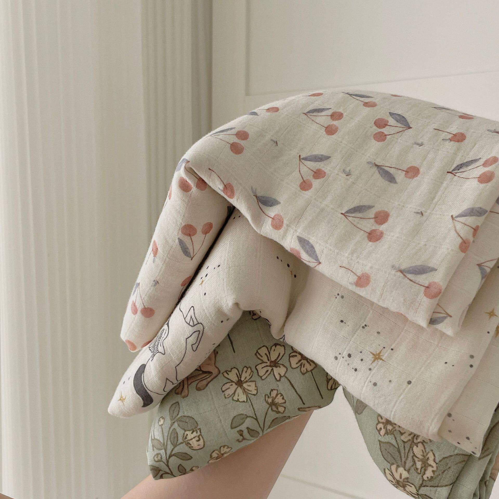 婴儿纱布巾竹棉双层宝宝新生儿浴巾洗澡包裹巾夏季薄款双层盖毯