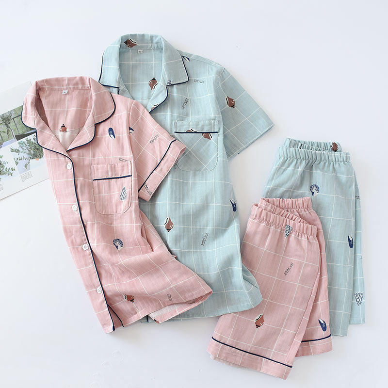 【辛妈家】情侣睡衣夏季全棉纱布起居服薄款格子短袖短裤家居服,女士内衣/男士内衣/家居服,睡衣/家居服套装,淘宝优惠券,粉丝福利购,淘宝优惠卷