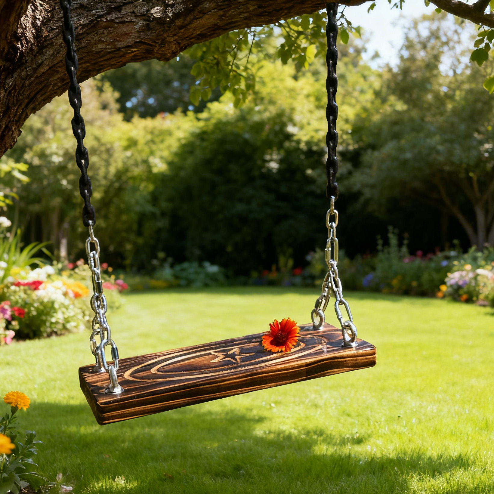 碳化木铁链坐板儿童悬挂秋千