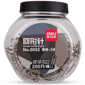 得力办公文具桶装金属回形针3#时尚镀镍防锈曲别针200只桶0052