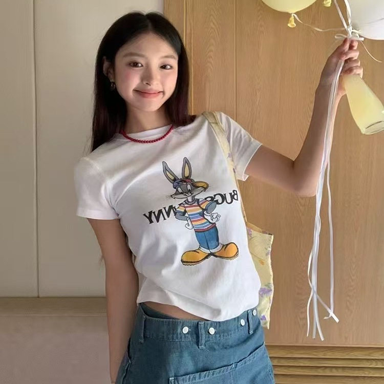 黑色纯棉正肩短袖t恤女2025新款夏季兔八哥辣妹修身打底衫上衣潮