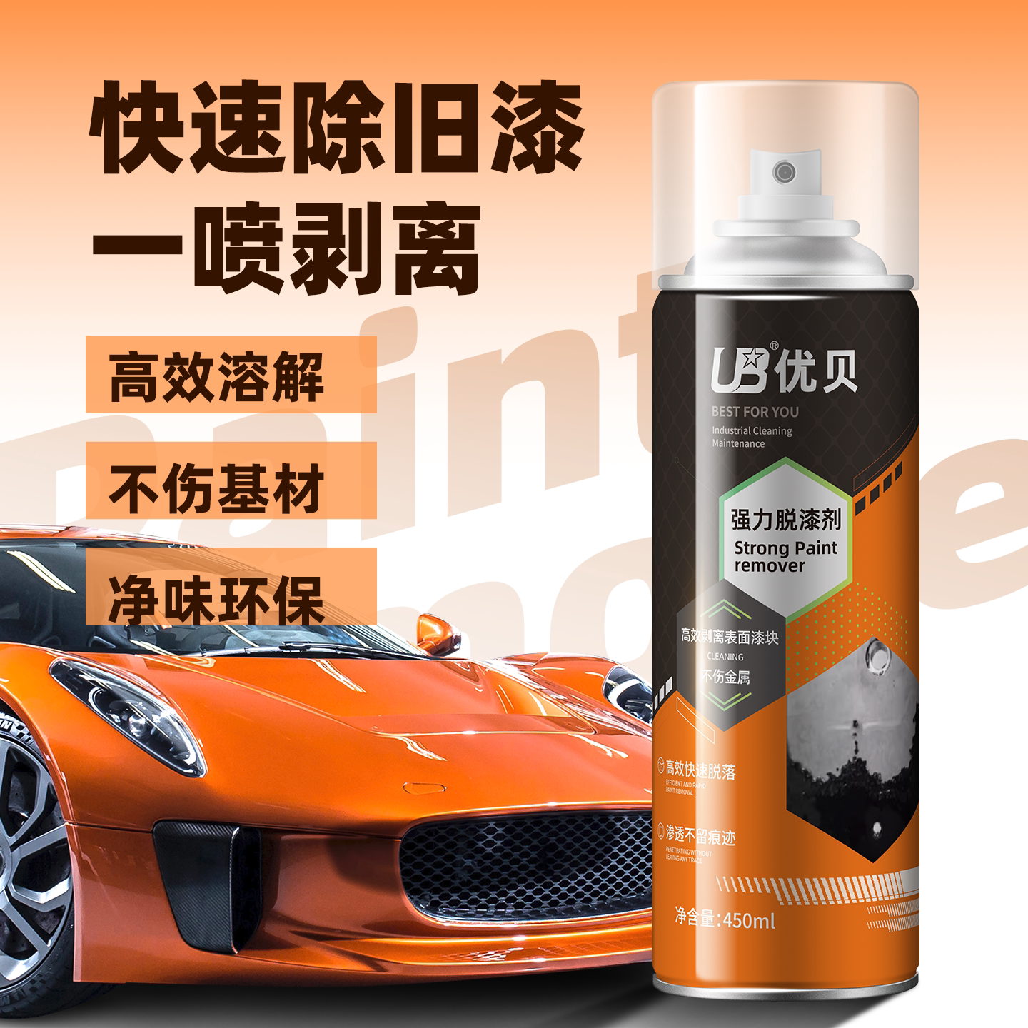 优贝强力脱漆剂汽车底盘胶套除旧漆不伤基材净味环保450ml