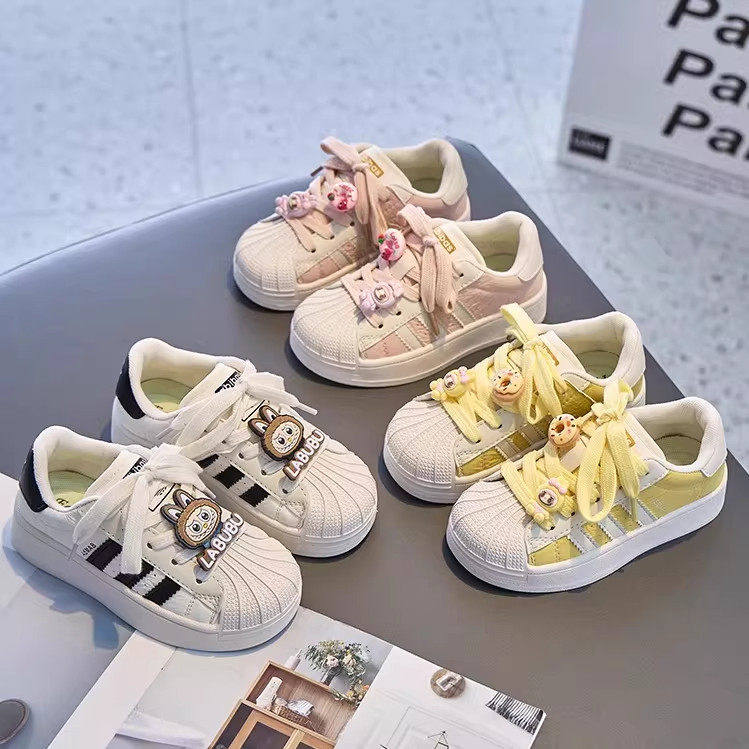 labubu女童板鞋2026春秋新款贝壳头真皮男童小白鞋儿童透气运动鞋