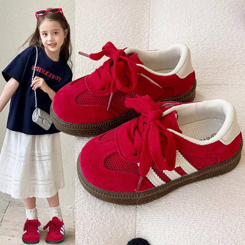 男女童鞋魔术贴红色德训鞋2026春夏季新款透气网面百搭软底板鞋子