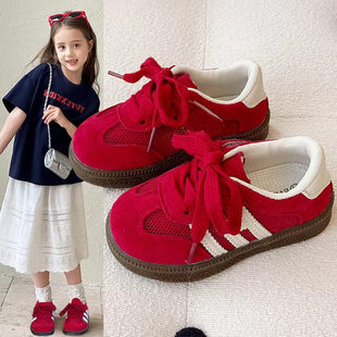 男女童鞋魔术贴红色德训鞋2026春夏季新款透气网面百搭软底板鞋子