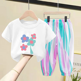 女童套装2025夏季装新款洋气韩版儿童薄款纯棉短袖T恤长裤两件套