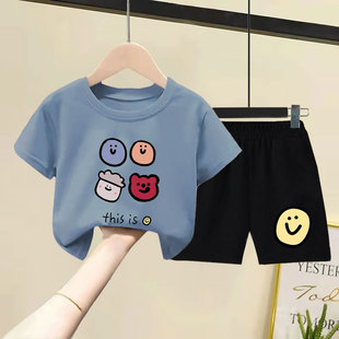 男女童短袖纯棉T恤套装2025夏季装新款洋气韩版中小童短裤两件套