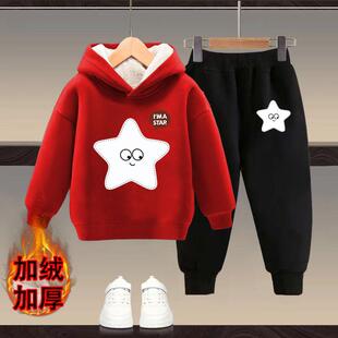 儿童秋冬装加绒加厚卫衣套装新款洋气男女童连帽衫宝宝运动两件套