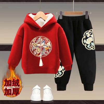 男童秋冬装加绒加厚卫衣套装