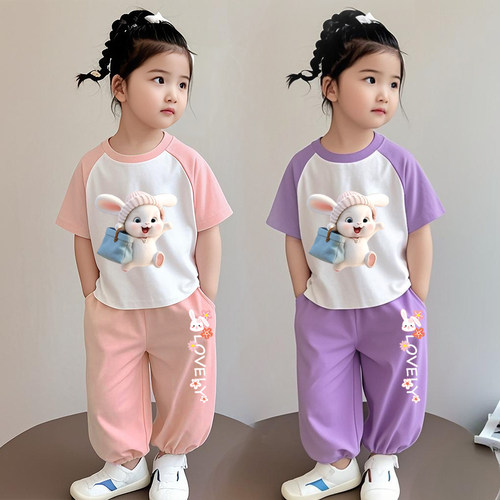 女童纯棉夏装套装薄款2026新款洋气女宝宝短袖休闲两件套儿童衣服