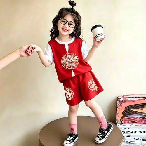 女童纯棉新中式仿刺绣夏装套装