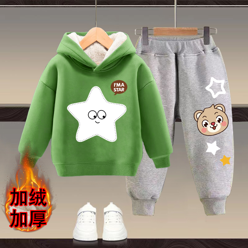 男女童加绒冬装套装2025新款洋气儿童加厚连帽卫衣宝宝运动两件套