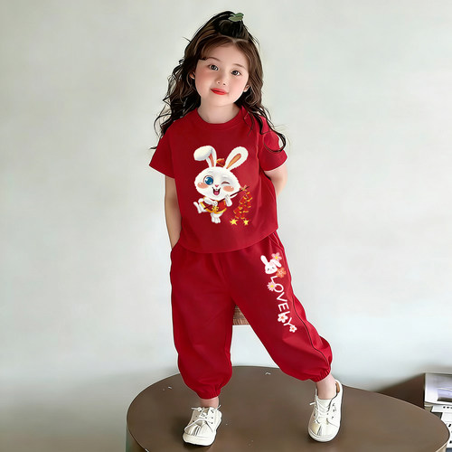 女童纯棉夏装短袖两件套洋气