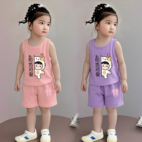 女童夏装纯棉套装无袖夏季新款女宝宝衣服宽松薄款背心短裤两件套
