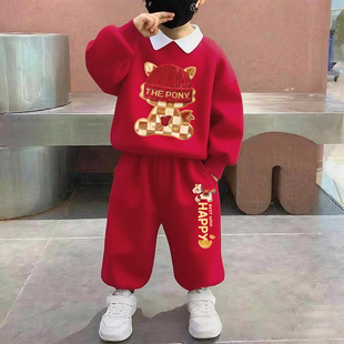儿童套装元旦演出服男女童红色新年卫衣幼儿园中小童马年拜年服潮