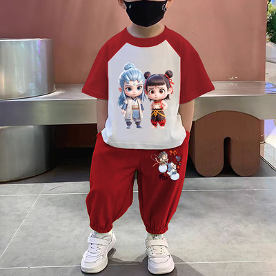 哪吒短袖纯棉套装男女童夏季新款