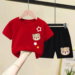 2025夏装 套装 新款 洋气韩版 两件套 儿童100%纯棉短袖 男女童薄款 短裤