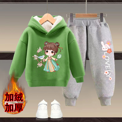 女童加绒套装秋冬装新款儿童加厚连帽卫衣中小童宝宝休闲两件套潮