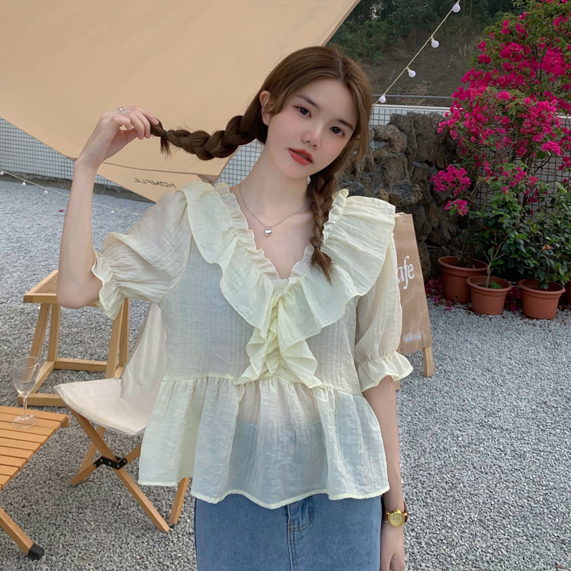 Real price summer new style foreign style versatile gentle wind V-neck Ruffle short sleeve shirt